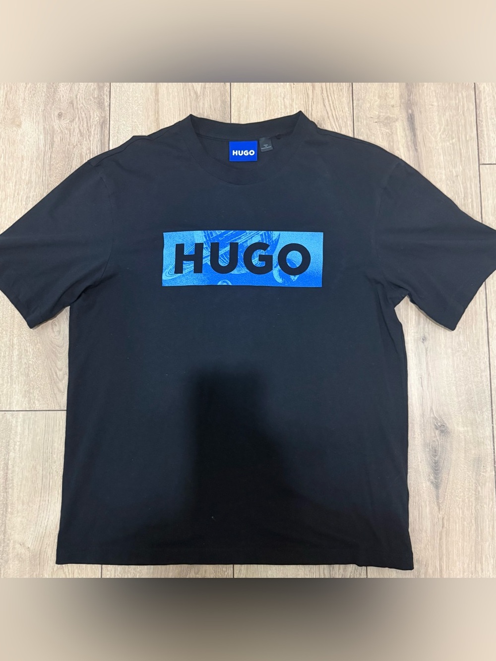 HUGO Black T-Shirt with Blue Logo Panel